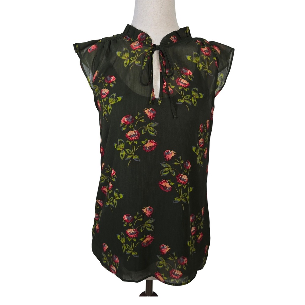 Point Sur J.Crew Dark Green Floral Ruffle Tie Neck Flutter Sleeve Blouse XS
